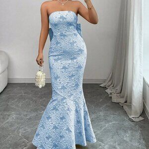 Blue Floral Textured Women's Party Embossed Strapless Prom Dress